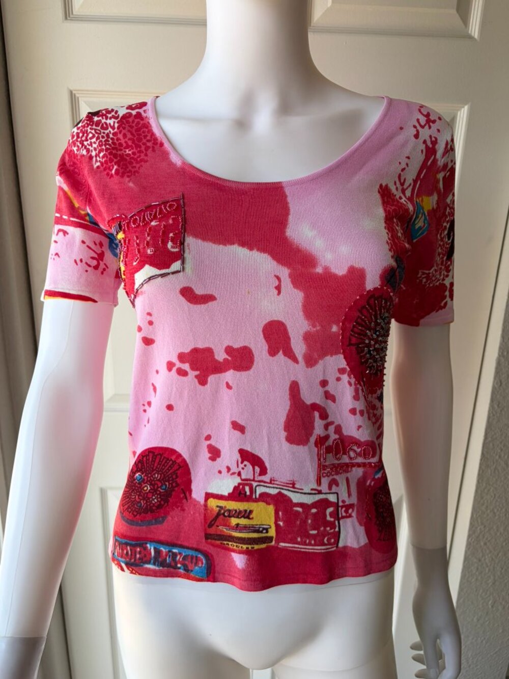 sa denim size petite small pink colorful beaded print short sleeve top y2k